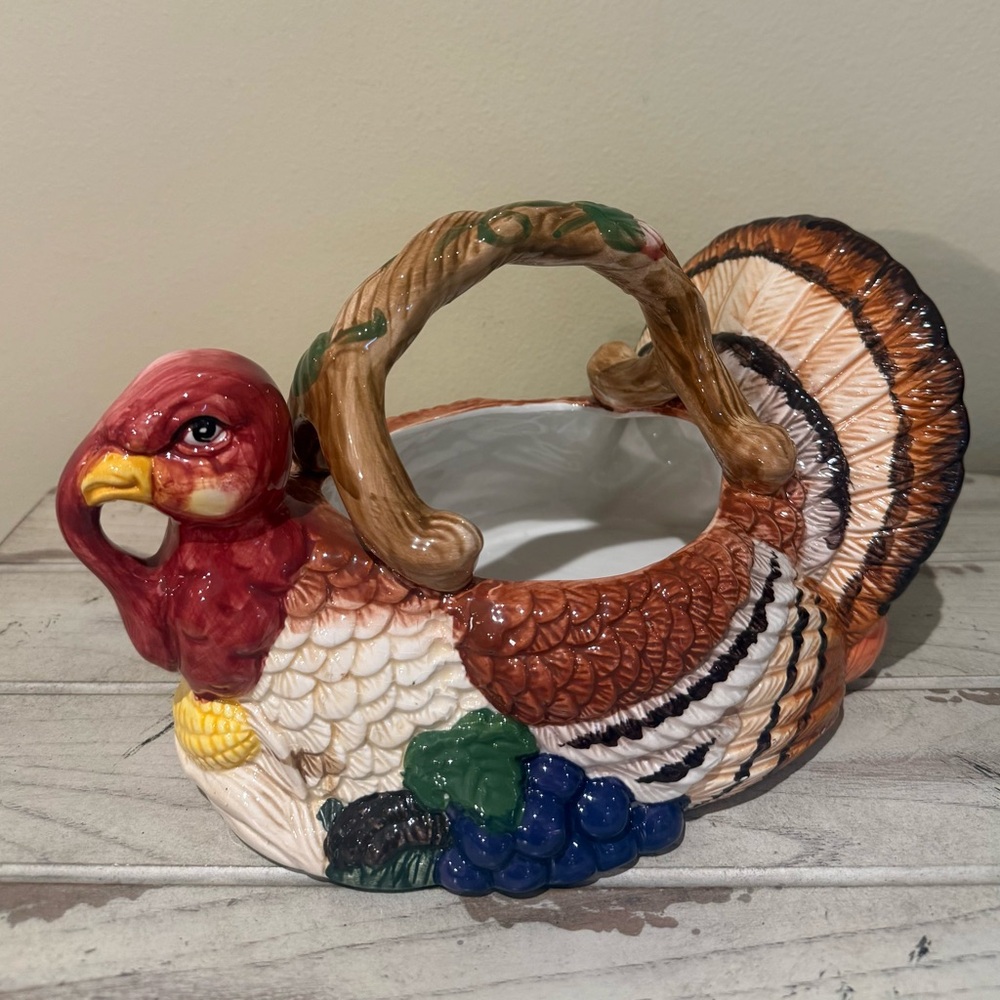 Vintage Thanksgiving Turkey Planter Basket Ceramic Centerpiece 1997 Earthenware